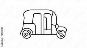 Animated auto rickshaw icon. Tricycle taxi line animation. Moving vehicle, shaking. Spinning wheels. Black illustration on white background. HD video with alpha channel. Motion graphic vídeo de Stock