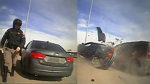 A state trooper was just seconds away from a disaster and the scary incident was caught on dashcam. It happened in Colorado after the trooper pulled over a car for allegedly speeding. After obtaining the driver’s information, the trooper started to walk back to his patrol car when a minivan lost control on the highway and slammed into the car that was just pulled over. | Inside Edition
