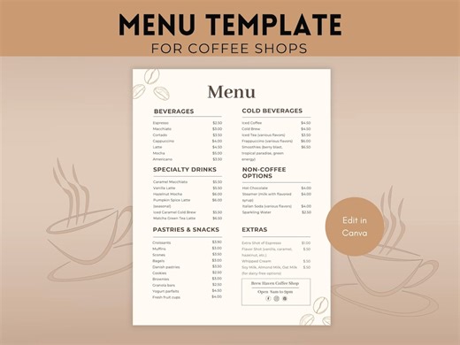 Coffee Shop Menu Template: Editable Cafe Price List (canva) - Etsy