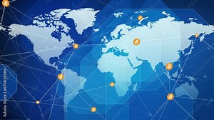Crypto currency bitcoin exchange exploring financial market with world map presentation. Digital trading and global economy patterns and trends with world map background