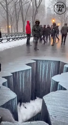 Pedestrian Falls Into Hidden Sidewalk Opening After Stepping on 3D Chalk Art in New York City Video recorded on a busy sidewalk in New York City shows a startling incident involving a highly realistic piece of 3D chalk art. The footage captures a street artist creating a detailed drawing of what appears to be a deep hole in the pavement, shaded to blend seamlessly into the surrounding ground as pedestrians pass by. According to the video, one person walks over the artwork and suddenly drops out 