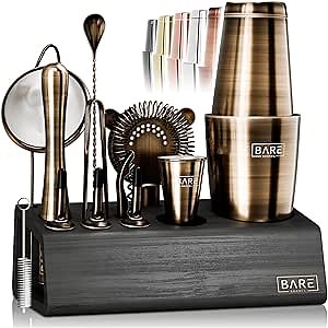 BARE BARREL® Mixology Bartender Kit Bar Set | 14-Piece Cocktail Shaker Set | Martini Barware Mixing Tools for Home Bartending | Incl. 35 Recipe Cards | Gift Set (28oz Boston Shaker, Brass/Black)