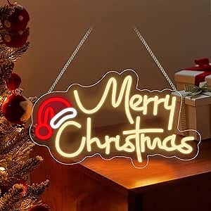 17x10Inch Merry Christmas Neon Sign, USB Powered Switch Christmas Neon Sign for Indoor Outdoor Bar Club Home Party Door Window Wall Decor, Red and white
