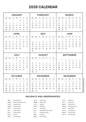 2026 Calendar with Holidays USA | Printable US Calendar 2026 | 2026 USA Calendar #calendar2026