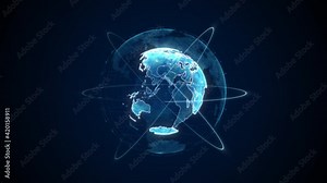 Futuristic Earth Globe hologram. Map of the planet in digital style. World map with global social network. Future concept. Blue futuristic background with planet Earth created.