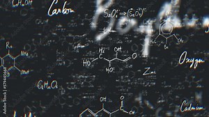 Chemistry Formulas On Blackboard/ 4k motion graphics of an abstract science background of chemistry formulas and diagrams written with chalk on school blackboard zooming in with blur and depth of fiel