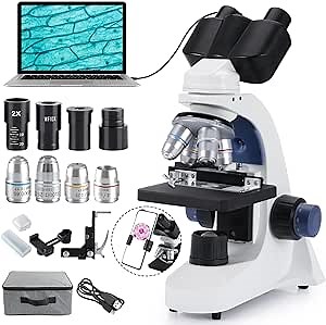 Compound Binocular Microscope for Adults Students, 40X-2500X Lab Binocular Microscopes with 1.3 MP USB Eyepiece Camera, 100X Oil Immersion Objectives and Microscope Slide Set