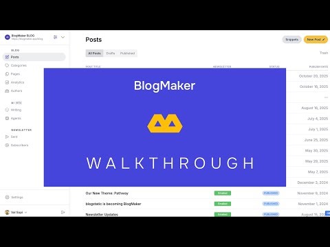 BlogMaker Walkthrough: Dashboard, Posts, Settings, DesignStudio, and Snippets.
