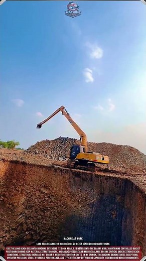 Long Reach Excavator Machine Digs 20 Meter Depth During Quarry Work