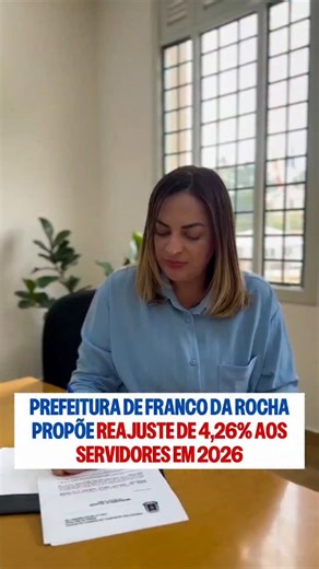 Cidade Repórter on Instagram: "A Prefeitura de Franco da Rocha enviou à Câmara Municipal um projeto de lei que prevê reajuste salarial de 4,26% para os servidores públicos em 2026, percentual referente à reposição integral da inflação de 2025. A proposta deve ser analisada em sessão extraordinária ainda nesta semana. O projeto também altera a data-base da categoria, que passará a ser em janeiro a partir de 2026 — antes, o reajuste era concedido em maio. Segundo a administração municipal, a mudan
