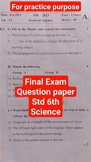 6th std Science question paper Final exam