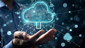 Cloud computing technology concept. Businessman hand holding cloud computing icon network. download and information upload on application system. data transfer loading solution, Secure online storage.