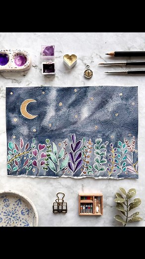 124K views · 1.5K reactions | Painting this golden crescent moon surrounded by flowers under a starry night made me feel like I was creating a fairytale scene on paper.  Watercolors always bring the magic to life. #Watercolor art. #celestialart #moonart #arttutorials #watercolors #chicagoartist | Safari of Ideas | Facebook