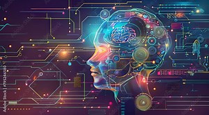 Big data technology and data science illustration. Data flow concept. Querying, analysing, visualizing complex information. Neural network for artificial intelligence. Data mining. Business analytics.