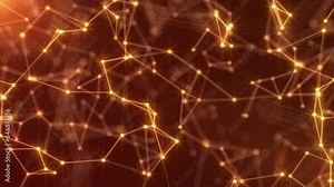 Abstract digital plexus background of golden shining lines and dots. Minimalistic geometric background. Christmas lights garland. Science, technology backdrop. Network connection structure, business.