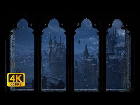 4K Hogwarts Owlery Window View | Harry Potter Winter Snow, Wind Sounds & Night Ambience