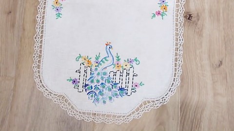 Vintage Hand Embroidered and Crocheted Table Cover Featuring a Peacock on a Fence With Flowers - Etsy
