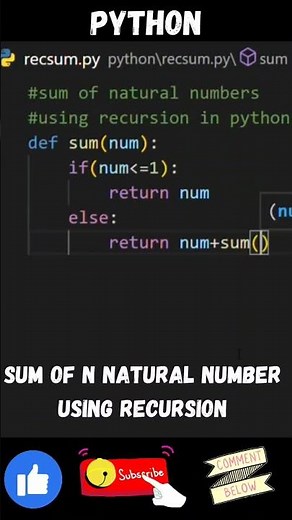sum of n natural number in python using recursion #python #recursion