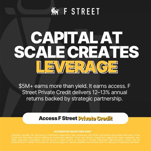 Join a select group of investors deploying capital through F Street’s $500M private credit platform. Discover yield with confidence. ✅ 16 years of lending experience ✅ You control which deals you fund ✅ Earn 12-13% yields, plus origination fees ✅ Deals maturing in 6 months or less Space is limited — just 3 additional spots available. Get started today! | F Street