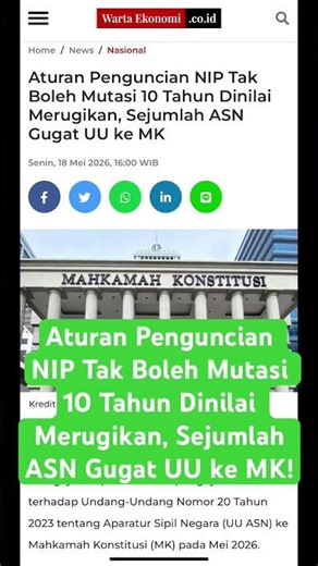 Aturan Penguncian NIP Tak Boleh Mutasi 10 Tahun Dinilai Merugikan, Sejumlah ASN Gugat UU ke MK👇