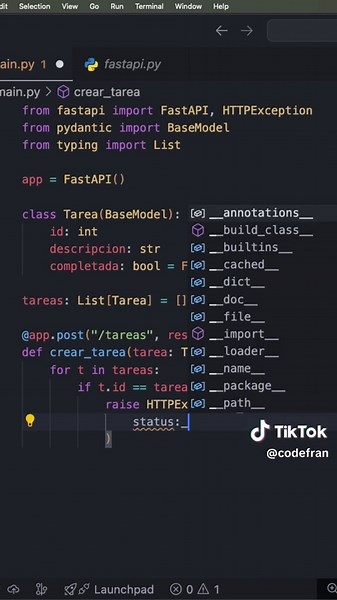 ¿Sabes cómo crear un endpoint POST con FastAPI? En menos de un minuto te enseño cómo aceptar datos, validarlos con Pydantic y guardarlos. Si quieres ver la API completa funcionando, tienes el tutorial completo en mi canal de YouTube 😉 #fastapi #python #api #postrequest #programacion #backend #fullstack #desarrolloweb
