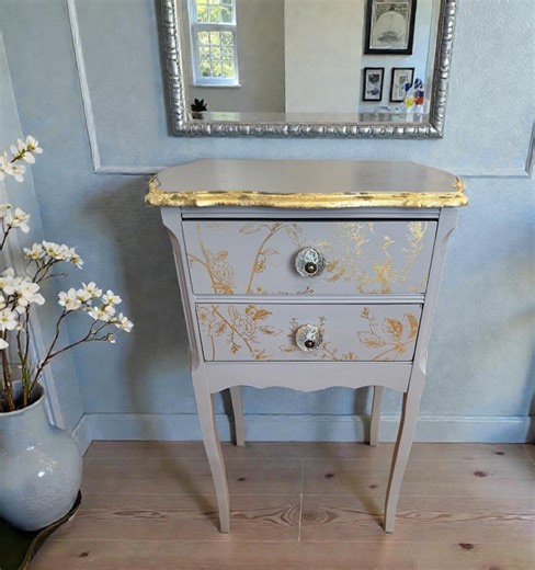 Beautiful Side Table, Light Pastel Pink With Gold Botanical Transfers - Etsy