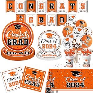 Graduation Party Decorations 2024 Orange Graduation Tableware Balloons Supplies Class of 2024 Plates and Napkins Disposable Congrats Grad Banner, Tablecloth,Cup for College High School Party Serve 20