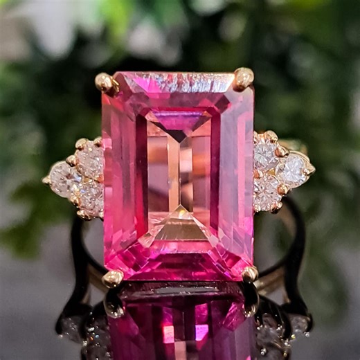 Pink Topaz 14k Solid Gold Ring, 14x10 Emerald Cut Natural Gemstone, Diamond Accents - Etsy