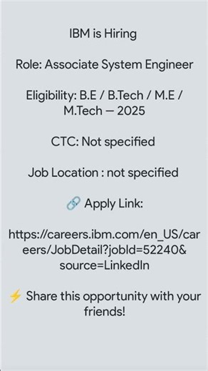 🚨 IBM Hiring Freshers | Associate System Engineer | Apply Now #shorts