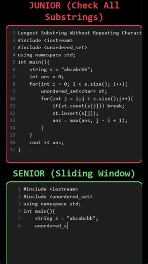 Junior vs Senior Developer | Longest Substring Without Repeating Characters 🚀
