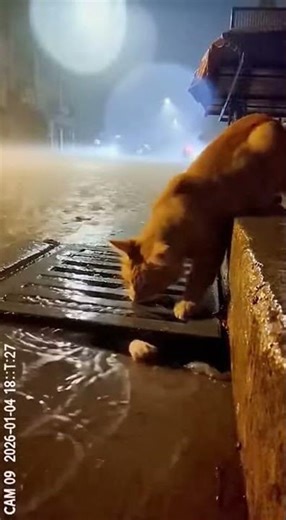 Storm Drain Rescue: Soaked Cat Pulls Puppy from Flooded Grate in Heavy Rain | CCTV 🐾🌧️ #Shorts