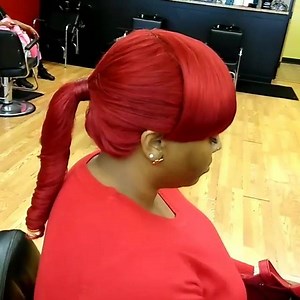 Just call her #CHARLIE! Lol! Full Quick Weave! Chinese Bang! Curly Curl Pony! RED! ♥️ St. Louis Stylist! | Hairstylist Miika