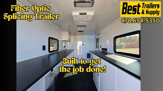Take a walk-around of this ATC Trailers 7×12 Aluminum Fiber Optic Splicing Trailer at Best Trailers & Supply in Byron, GA. Built for professionals who need a reliable, all-weather mobile workspace, this trailer delivers premium quality inside and out. Trailer Highlights: All-aluminum frame and screwless exterior Climate-controlled with A/C and heater Generator, 50-amp power package & LED lighting Black coin floor and aluminum interior walls Fiber-optic workstation with cabinets and countertops D