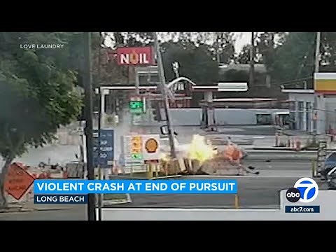 Chase in Long Beach ends with violent, fiery crash caught on video