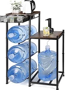 CAROD 5 Gallon Water Jug Holder, Water Storage Rack Water Dispenser Stand With Wood Tabletop Shelf, 5 Gal Water Bottle Holder Water Cooler Jug Rack with 2 Wood Storage Shelves