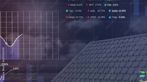 Animation of graphs and trading board over solar panel against dark cloudy sky