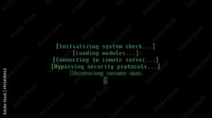 Detailed Green Text on a Black Screen Shows a Hacking Process, Including Remote Server Connection, File Download, and System Shutdown After Decryption.