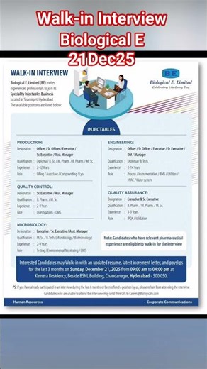 Walk-in Interview I Biological E | 211225 #job #pharma
