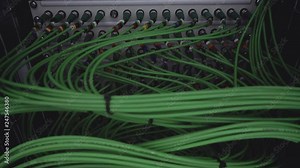 Server, cables. Сomputers, data center. many cables, acoustic cables, moving camera