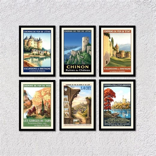 Vintage France Travel Posters | French Castles and Landscapes Set of 6 - Etsy