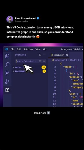 RammCodes | Developer Advocate 👨‍💻 on Instagram: "This VS Code extension takes JSON visualization to the next level! 🔥 You can turn complex JSON into a clean, interactive graph with a single click, no more digging through raw data :) Hope this helps ✅️ Drop a Like if you found this post helpful! ❤️ Follow @rammcodes_ for more 💎 #html #ai #javascript #coding #webdevelopment"