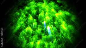 Sci-fi green theme with light rays. 4k abstract looped space background like a burning star from the surface of which rays emanate. High energy boil substance, magic ball or fireball.
