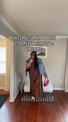 Wednesday outfit of the night to go see a comedy show and get drinks. Outfit details… Maxi satin slip dress: @asos Denim jacket: @Universal Standard Sneakers: @New Balance x @STAUD Bag: @Coach Stud earrings and nameplate necklace: @Amazon Ring: Ana Luisa #dcinfluencer #ootn #casualootn #outfitofthenight #psootd #plussizeootd #psootn #slipdress #newbalance #nbxstaud #coachbag