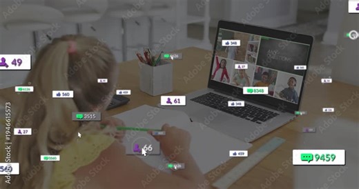Girl writing at table during remote learning, laptop call creating chat badges floating over laptop