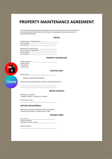 Property Maintenance Agreement Template | Maintenance Contract Template | Property Service Agreement | Editable Canva PDF | Instant Download - Etsy