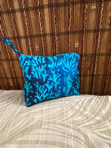 Aloha Print Zip Pouch: Handmade Blue and Turquoise Color of Coral and Seahorse Print Cosmetic Bag - Etsy
