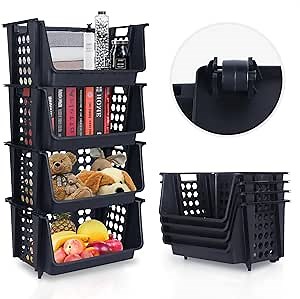 Plastic Stackable Storage Bins with Wheels for Organizing, 4-Tier Black Stackable Storage Containers for Kitchen, Pantry and Bathroom,11.22-Inch x 7.68-Inch x 7.28-Inch 4-Pack