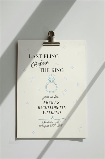 Last Fling Before the Ring Invitation Template, Elegant Bachelorette Party Invite, Blue Green Ring Sparkle Design, Minimal Bridal Bach - Etsy