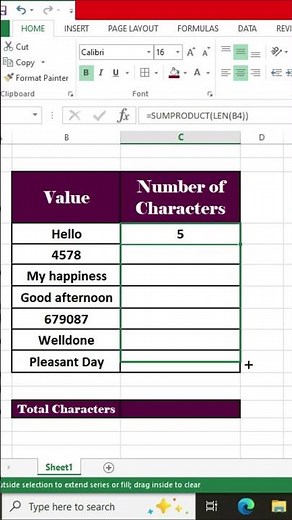 Count characters including spaces in excel