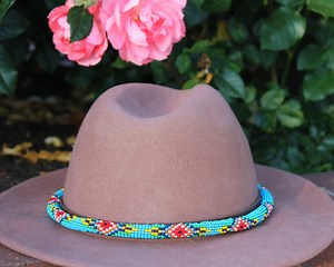 Beaded Leather Cowboy Hat Band: Rolled in Blue Western Native Style - Etsy